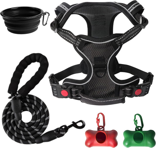 No Pull Dog Harness, Adjustable Soft Padded Dog Vest, Medium Large Dog Harness with 5FT Dog Leash,Reflective No-Choke Pet Oxford Vest with Easy Control Handle Black