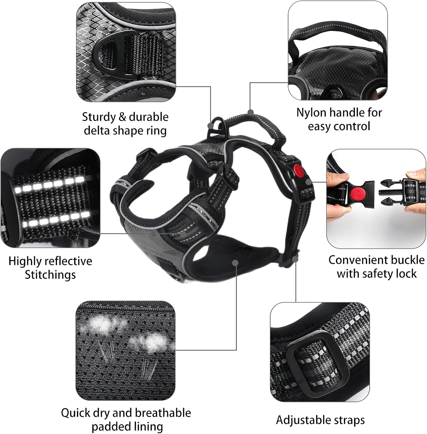 No Pull Dog Harness, Adjustable Soft Padded Dog Vest, Medium Large Dog Harness with 5FT Dog Leash,Reflective No-Choke Pet Oxford Vest with Easy Control Handle Black